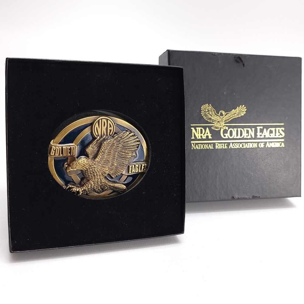 NRA Golden Eagles Belt Buckle Vintage Brass Enamel Made in USA New in Box